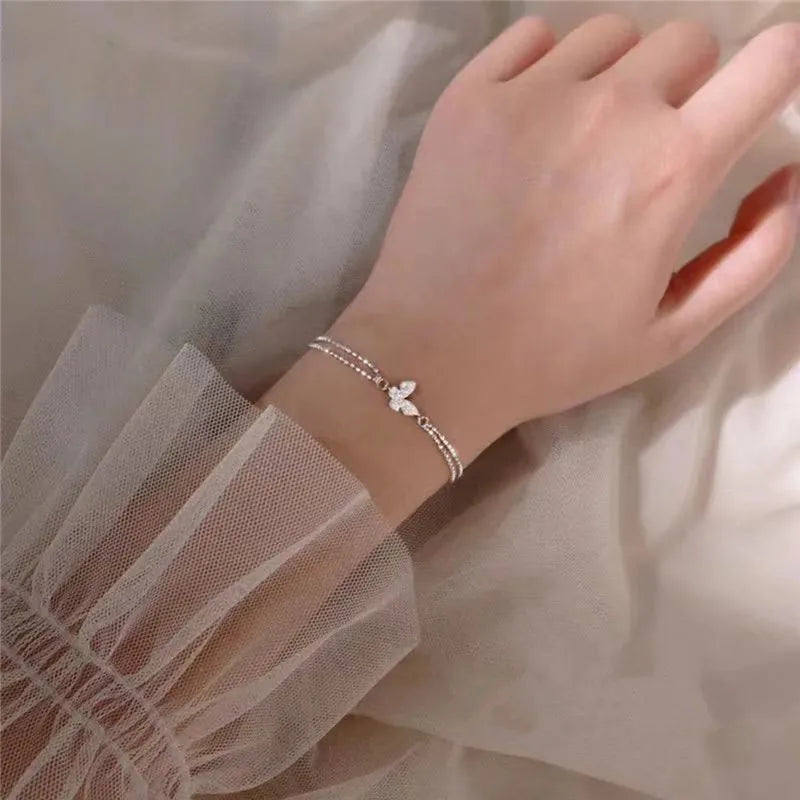 Fashion Silver Color Hollow Double Heart Bangle Women Shining Zircon Charm Bracelet Adjustable Minimalist Style Jewelry Gifts