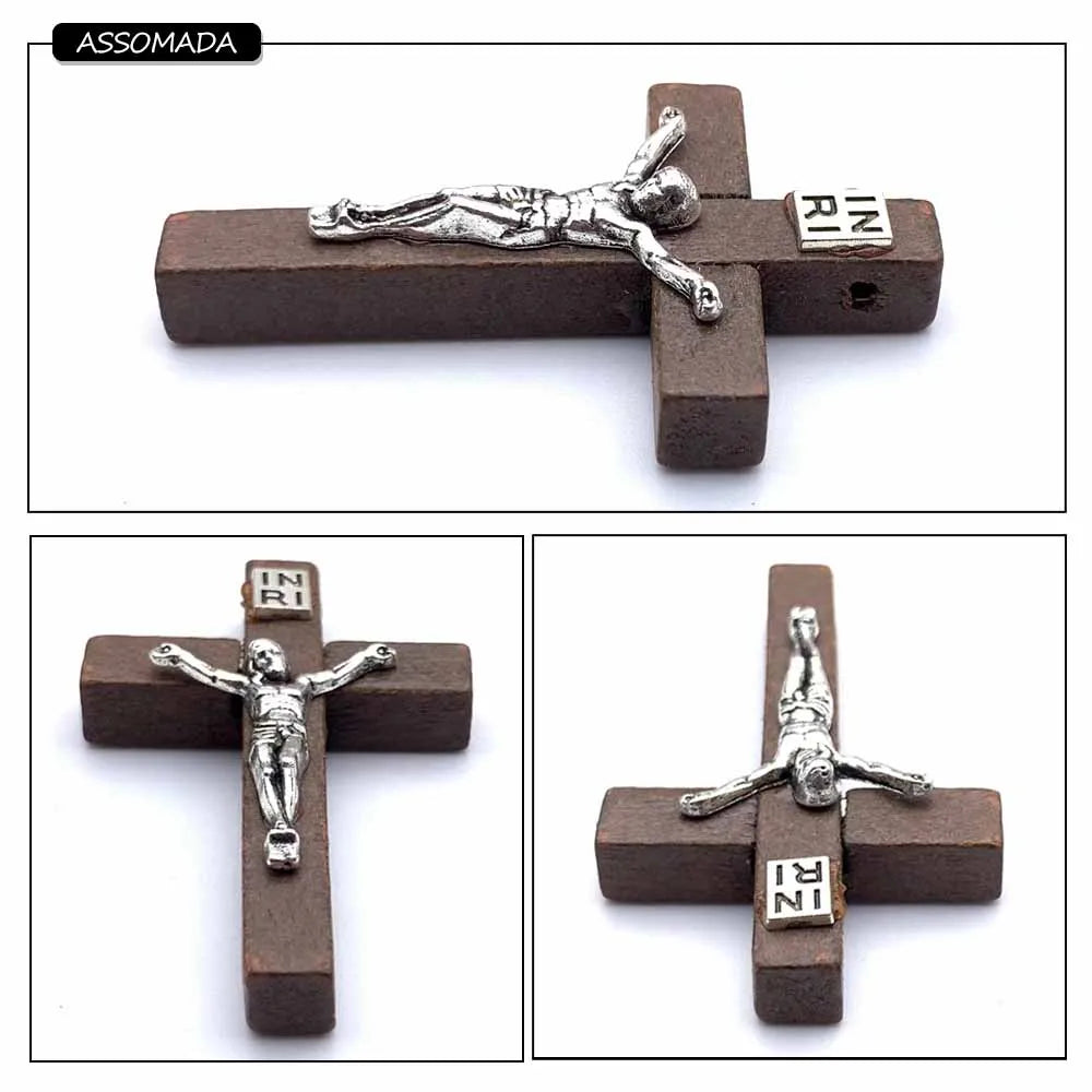 ASSOMADA 6pcs Wooden Cross Jesus Pendant For Jewelry Making Necklaces Christian Crosses Charms Accessories DIY Supplies
