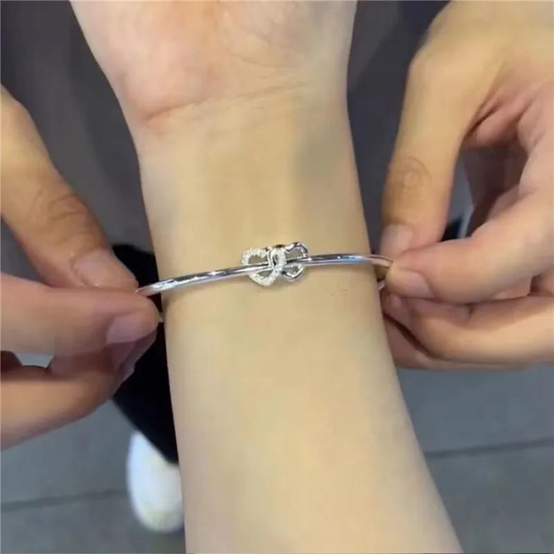 Fashion Silver Color Hollow Double Heart Bangle Women Shining Zircon Charm Bracelet Adjustable Minimalist Style Jewelry Gifts