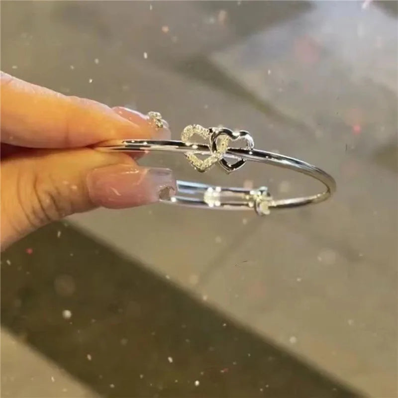 Fashion Silver Color Hollow Double Heart Bangle Women Shining Zircon Charm Bracelet Adjustable Minimalist Style Jewelry Gifts