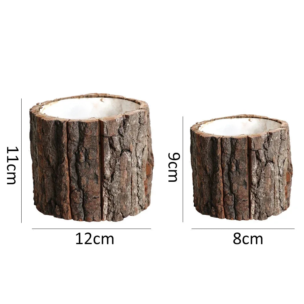 Wooden Plant Pot Vintage Round Table Decorative Style Wooden Flowerpot Fake Tree Bark Succulent Plants Creative Container