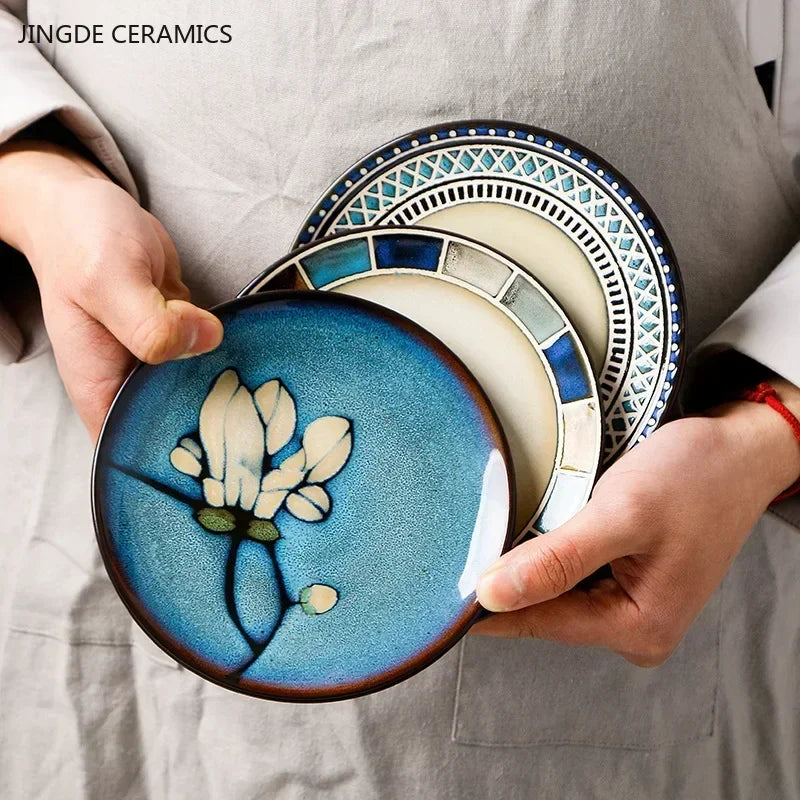 European Ceramic Cutlery Household Dishes Retro Kiln Glaze Porcelain Plate Handmade Ceramic Dinner Plates Kitchen Accessories