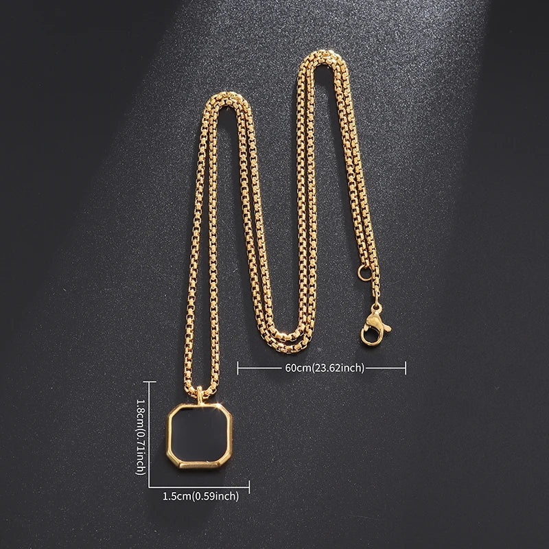 Stainless Steel Classic Geometric Polygonal Black Square Natural Stone Necklace Pendant for Men Fashion Casual Punk Jewelry Gift