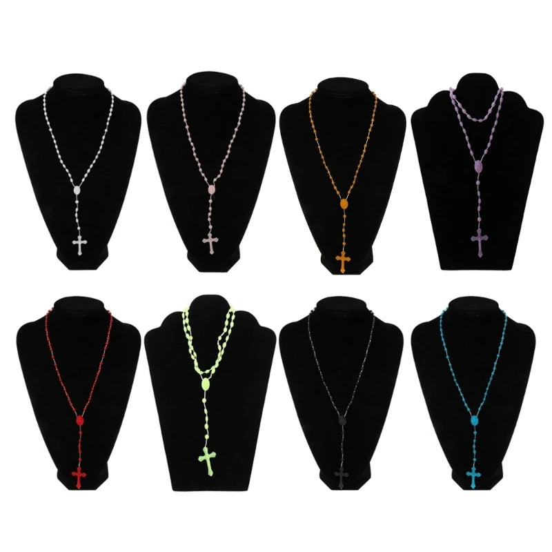 8 Colors Plastic Noctilucent Necklace Rosary Beads Luminous Necklace Catholicism Prayer Religious Jewelry for Daily Wear