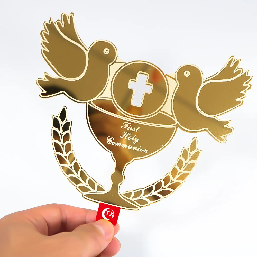 New Baptist Cake Topper Boys and Girls Pigeons IHS Eucharist Golden Cake Topper for Birthday Party Acrylic cake decoration