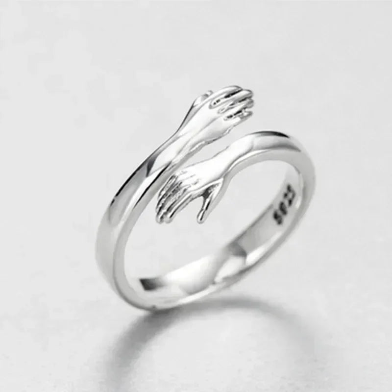 Adjustable Ring Novelty Love Hug Charms Open Band Minimalist for Men Women 925 Sterling Silver Couple Lover Dating Jewelry