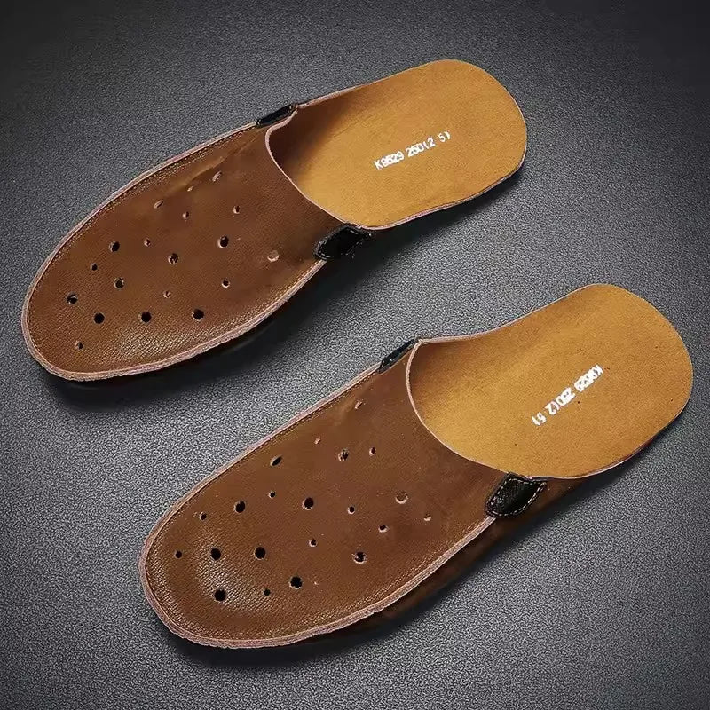 Genuine Leather Slippers For Men Slip on Flats Shoes Walking Shoes Men Half Slippers Comfortable  Household Casual Beach Sandals
