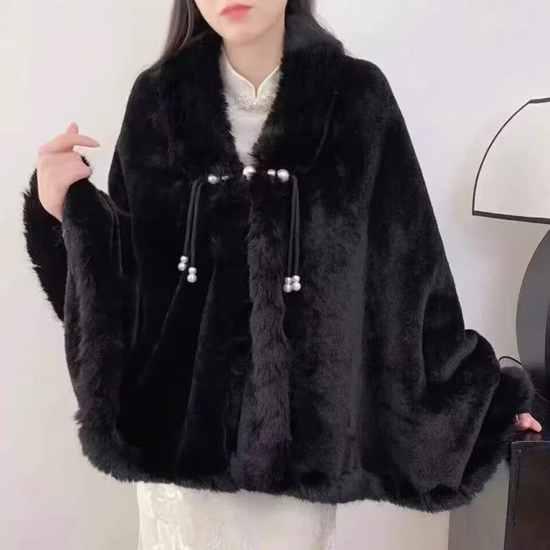 Elegant Princess Full Trim Handwork Faux Fur Cape Outerwear Women Winter Comfort Plush Cloak Wraps Wedding Shawl Coat Thicken