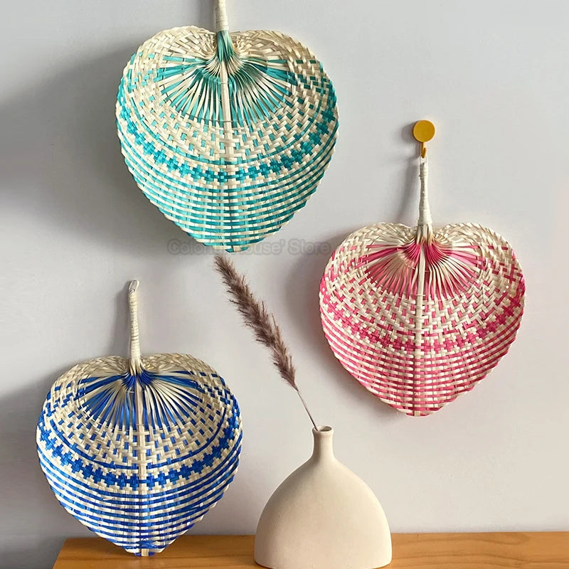 Ethnic Style Summer Cooling Handmade Natural Bamboo Wedding Party Hand Straw Weaving Hand-cranked Fan Art Craft Woven Home Decor