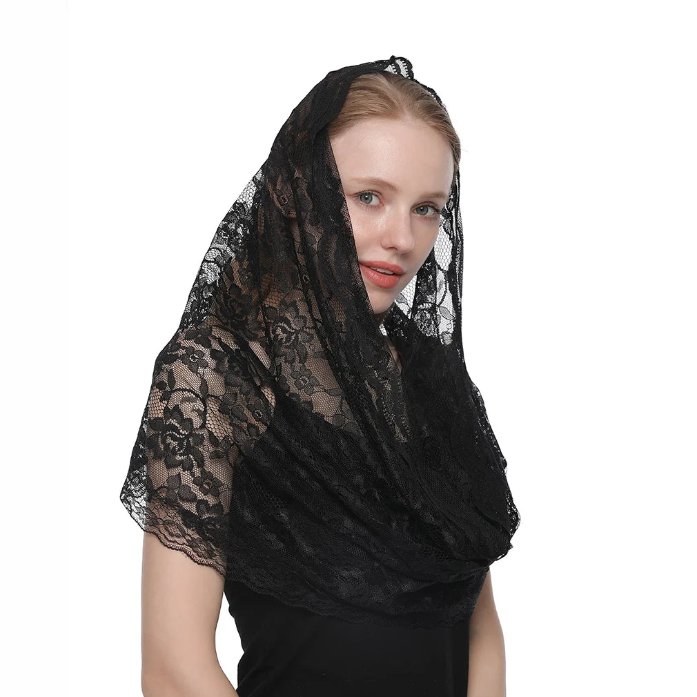 Fashion Church Shawl Lace Veil Polyester Scarf Bandana Church Prayer Wedding Mantilla Chapel White Embroidered Hijab Women Scarf