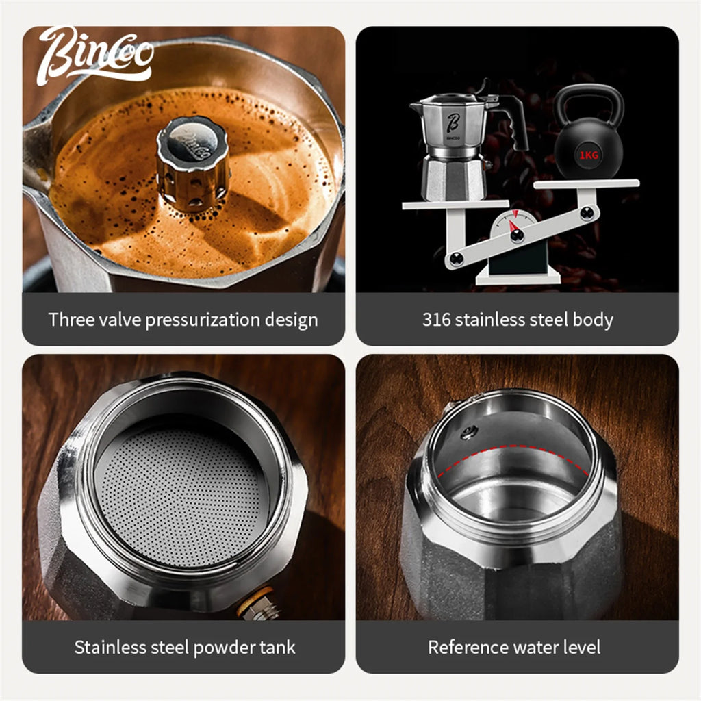 Bincoo Three-valve Moka Pot Stainless Steel Electric Pottery Pot Household Italian Espresso Coffee Pot Set Barista Accessories