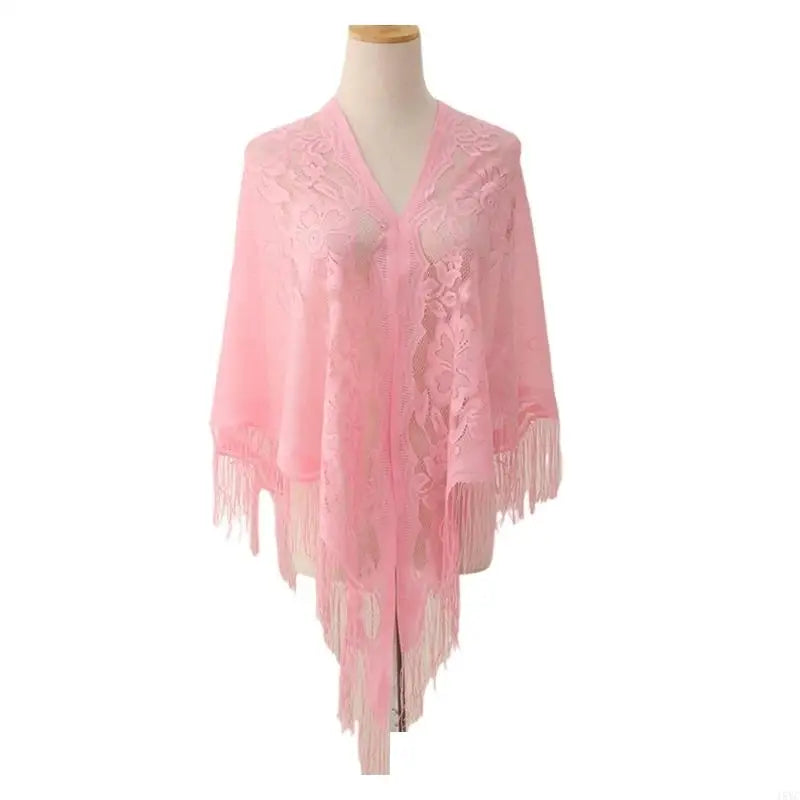15YC Stylish Lace Ponchos with Fringed Edges Multiuse Shawl for Various Outfit Eye Catching Sunproof Triangle Shoulder Wrap