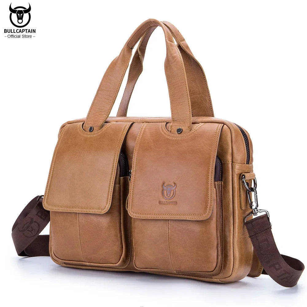 BULLCAPTAIN Men's Real Leather Briefcase 14 Inch Laptop Sleeve ,Casual Shoulder Messenger Bag, Tote, Work, Office, 042
