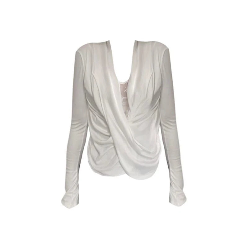 Lace Patchwork Crisscross Wrap Blouse Women White Long Sleeve Sexy Elegant Shirt Fashion Chic Streetwear Office Lady Tops