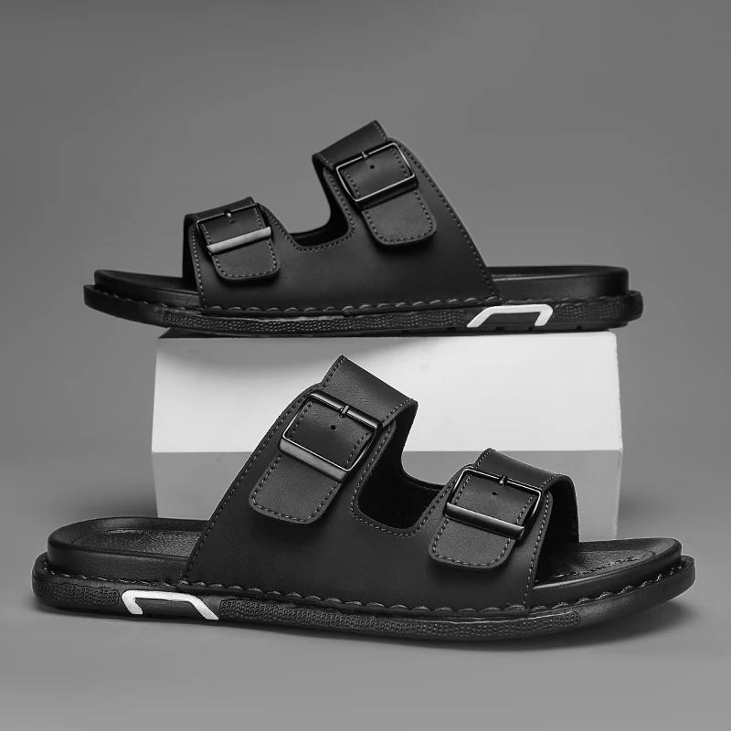 Fashion sandals for men, PU leather, metal details, buckle strap, plus size, summer beach men's mid heeled shoes, luxury sandals