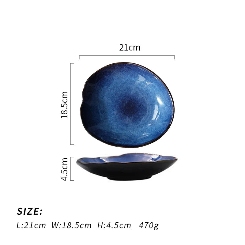 Ceramic Salad Plate Lrregular Food Dish Kitchen Supplies European Blue Glaze Pottery Dinner Plates Household Tableware