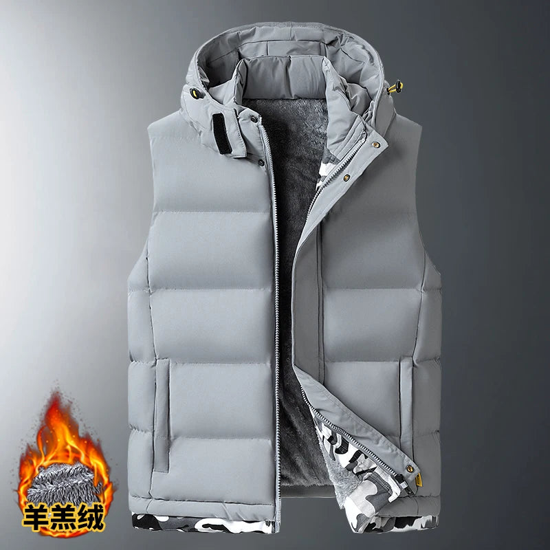 Big Size Men's Padded Vest Hooded Zip-up Fleece lined Sleeveless Jacket Male Winter Thick Warm Brushed Work Hiking Plus 9XL 10XL