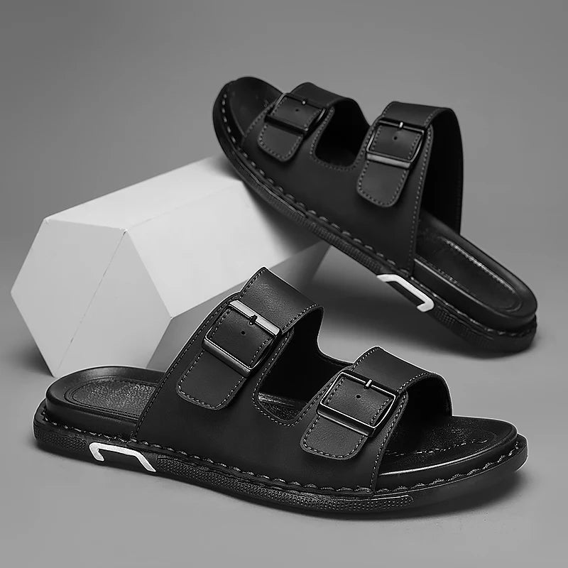 Fashion sandals for men, PU leather, metal details, buckle strap, plus size, summer beach men's mid heeled shoes, luxury sandals