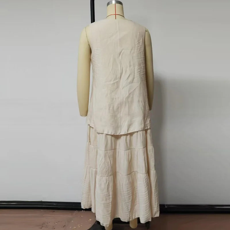 Cotton Linen Loose Women's Long Dress New Summer Sexy V Neck Sleeveless Solid Color Robe Dress Simple 2025 Pleated Casual Dress