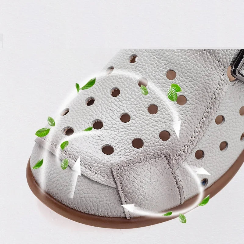 2025 Cow leather low heel sandals women's hollow out mules shoes woman buckle strap slipper sandals ladies elegant slip on shoes