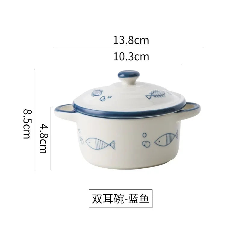 Ceramic Bowl Cartoon Double Ear Bowl with Lid Kid Food Supplement Bowl Ramen Bowl Salad Food Containers Microwave Oven Tableware
