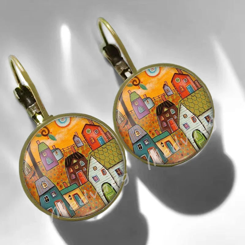 2024 Natural Scenery Earrings beautiful village Women Stud Earring  Abstract Oil Painting House Glass Cabochon Earrings  jewelry