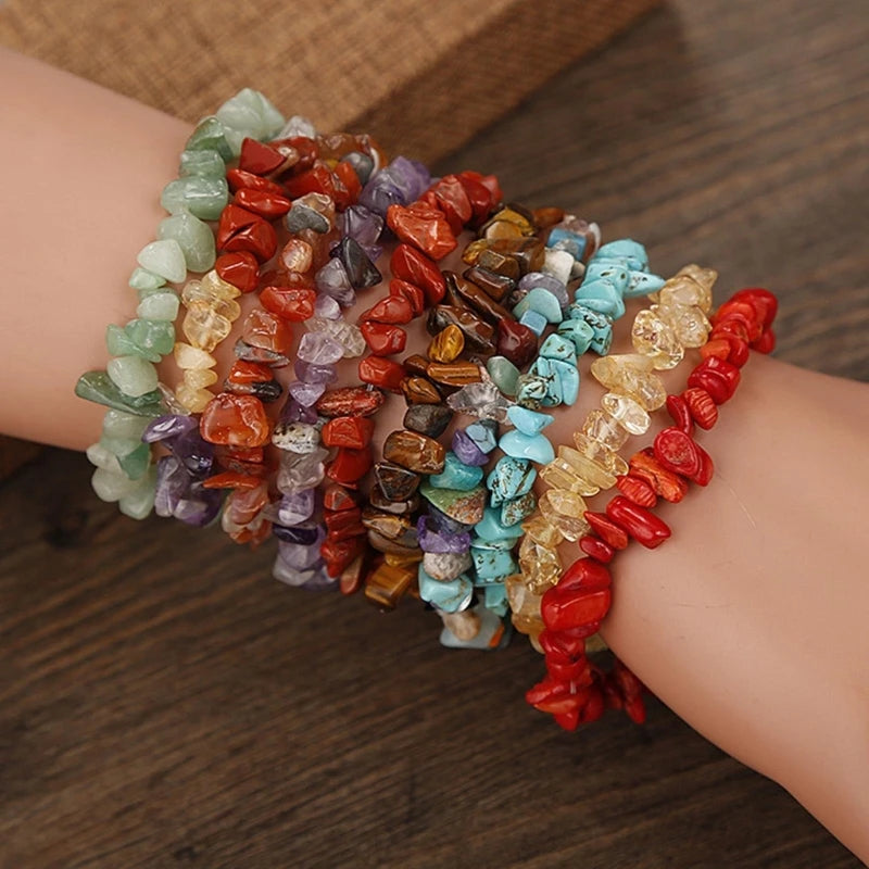 Color Natural Gem Chakras Crystal Bracelet for Men and Women Irregular Roller Polishing Alignment Gravel Bracelet for Meditation