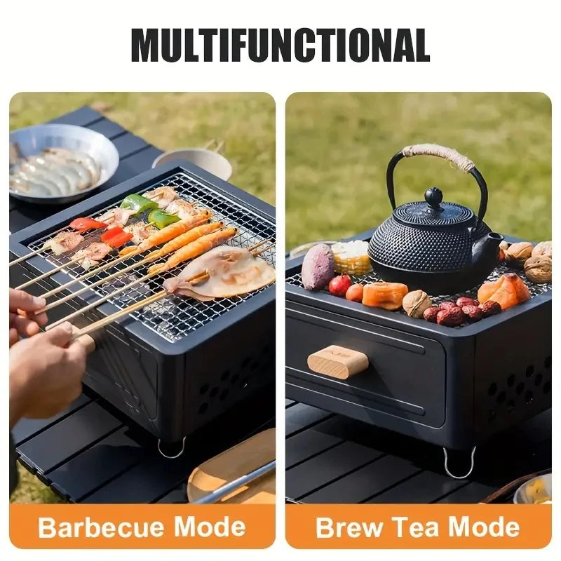 Portable multi-functional square barbecue grill for outdoor camping, drawer grill for roasting tea and meat around the stove