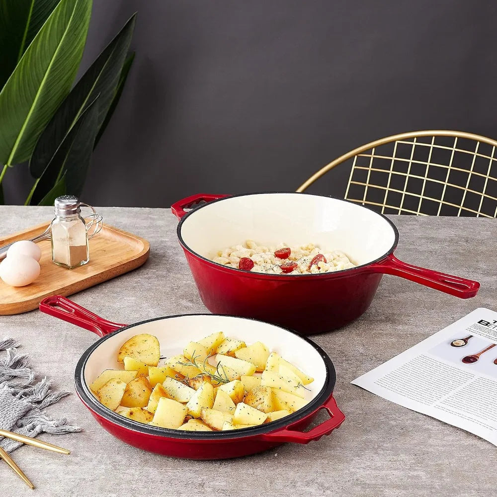 2 in 1 Enameled Cast Iron Pot with Lid 11 Inch Cast Iron Dutch Oven & Skillet Combo, Enameled Cast Iron Cookware with Lid