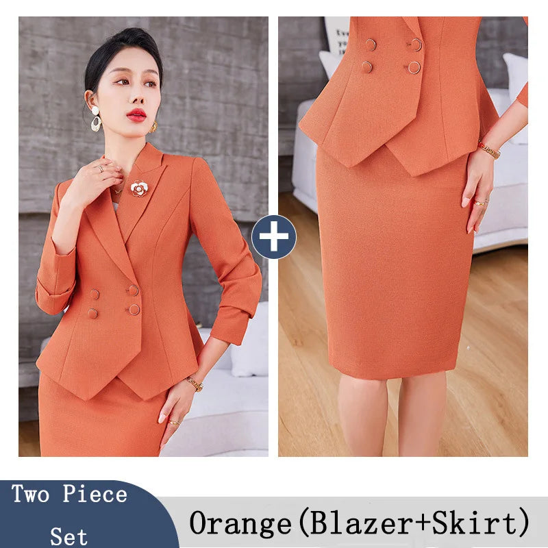 Navy Blue Suits Women 2023 New Spring Autumn Professional Long Sleeve Slim Blazer And Skirt Sets Office Ladies Work Wear Orange