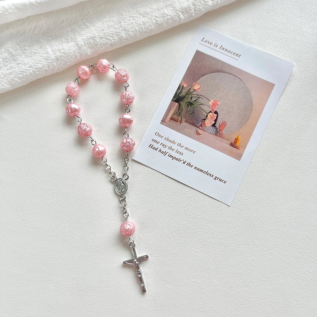 1Pcs Baby 6/8mm Glass Pearl Rosary Bracelet Eucharist Gift Cross Finger Chain Religion Mini Rosary Bracelet Pray