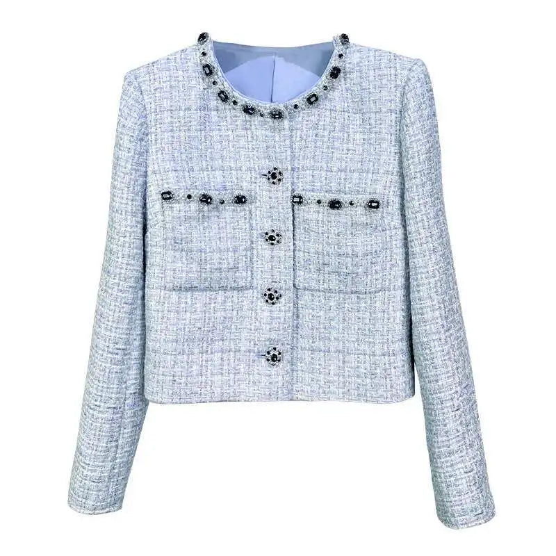 Luxury Crystal Tweed Dress 2 Piece Sets Women Tweed Jackets Blue Coats A Line Short Skirts Office Lady Work Retro Casual Outfits