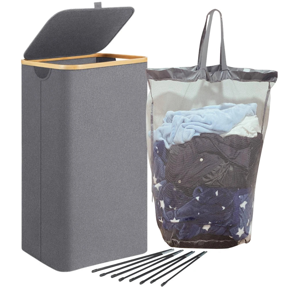 100L Dirty Clothes Bag Box Foldable Laundry Hamper Basket with Bamboo Handle&Lid with Removable Liner Bag for Laundry Room Dorm
