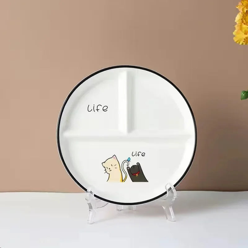 Ceramic Plate Cartoon Fat-reducing Sub-plate, Sub-plate, Household Dish Plate, Three-plate Breakfast Plate, Tableware Gift Set