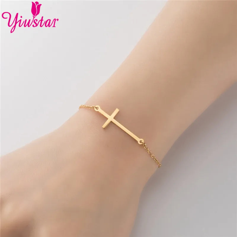 New Simple Christian Cross Stainless Steel Chain Bracelets for Women Men Religious Jewelry Lucky Cuff Bangles Gift Wholesale
