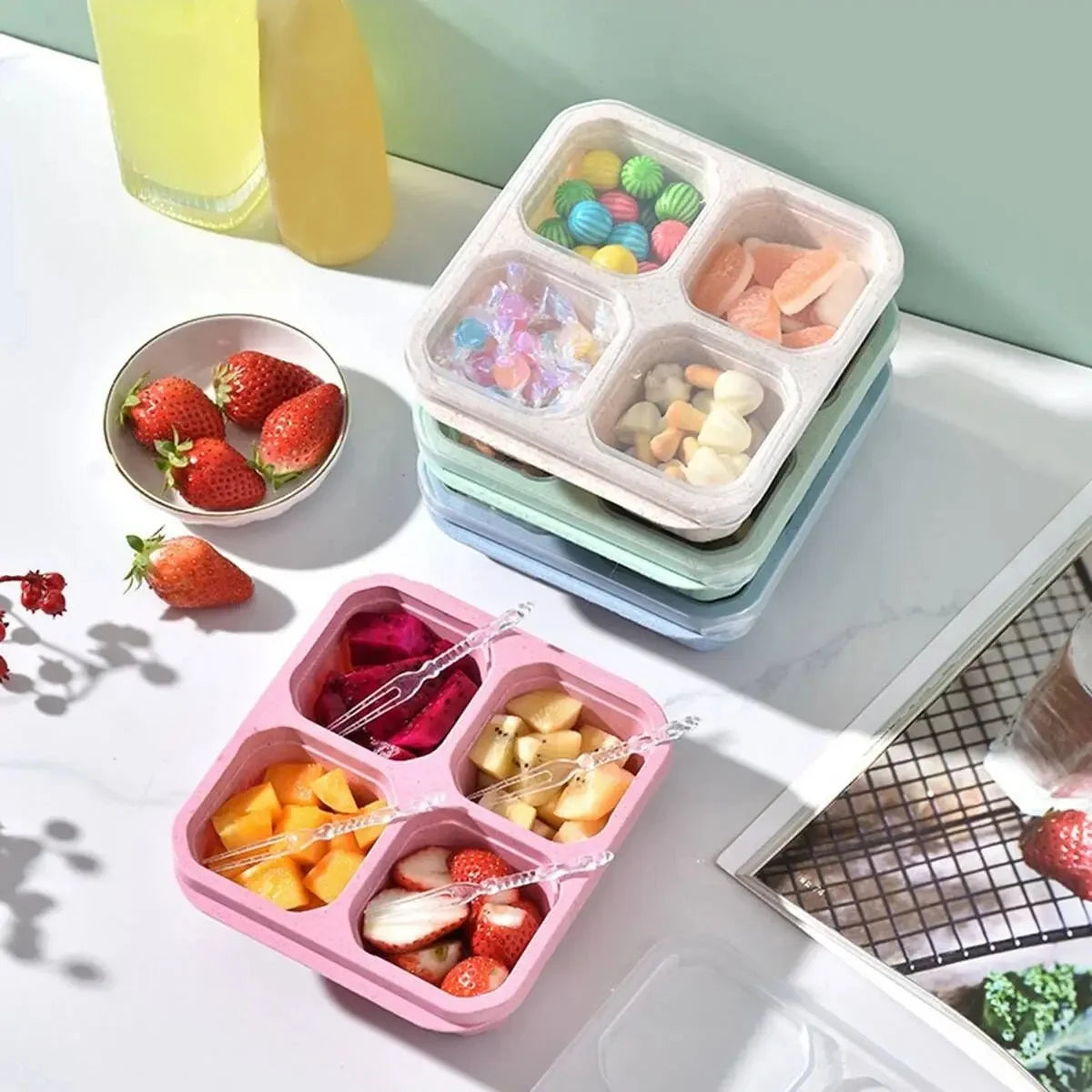 1PC -  Bento Snack Boxes with 4 Compartments – Reusable, Travel-Friendly Meal Prep Containers for Work & School