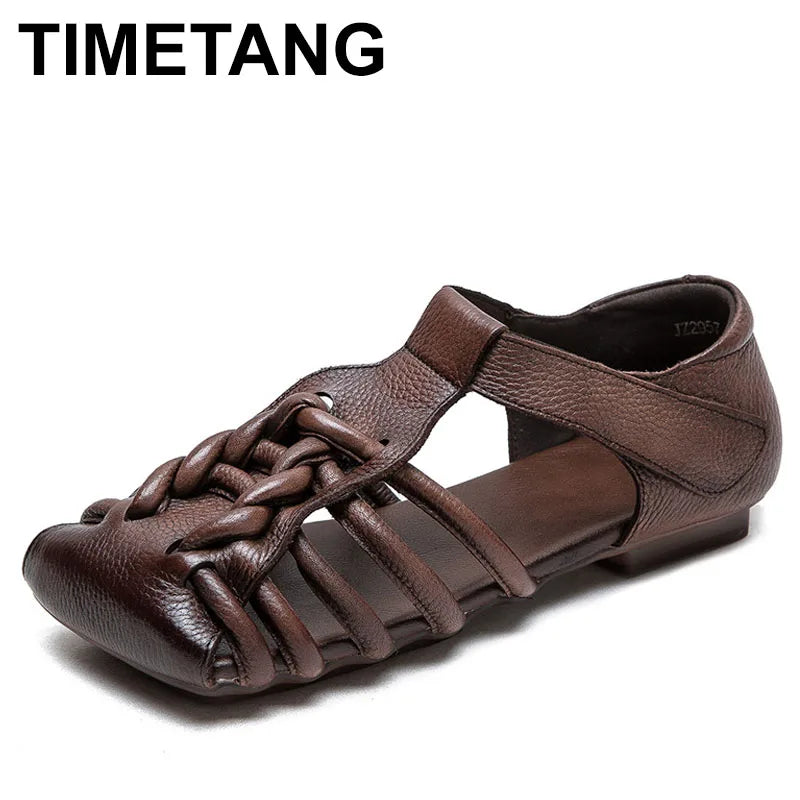 Genuine Leather Sandals Women Handmade Woven Literary Style Hollow Flat Roman Sandals Ladies Summer Shoes Sandalias