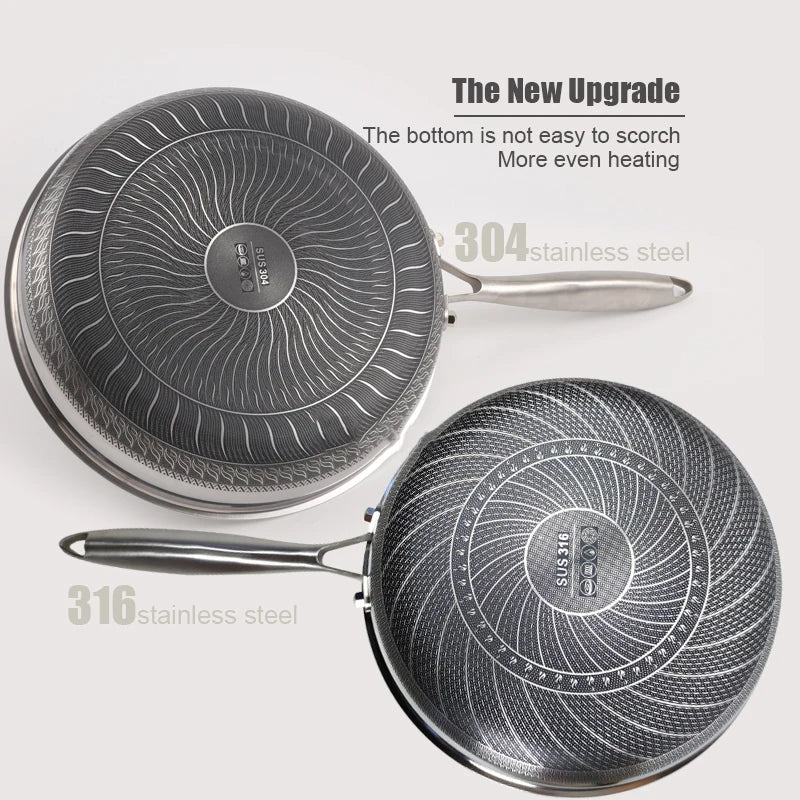 316 Stainless Steel Wok Honeycomb Frying Pan Steak Cooking Flat Bottom Non-Stick Pan Induction Cooker Universal Kitchen Cookware