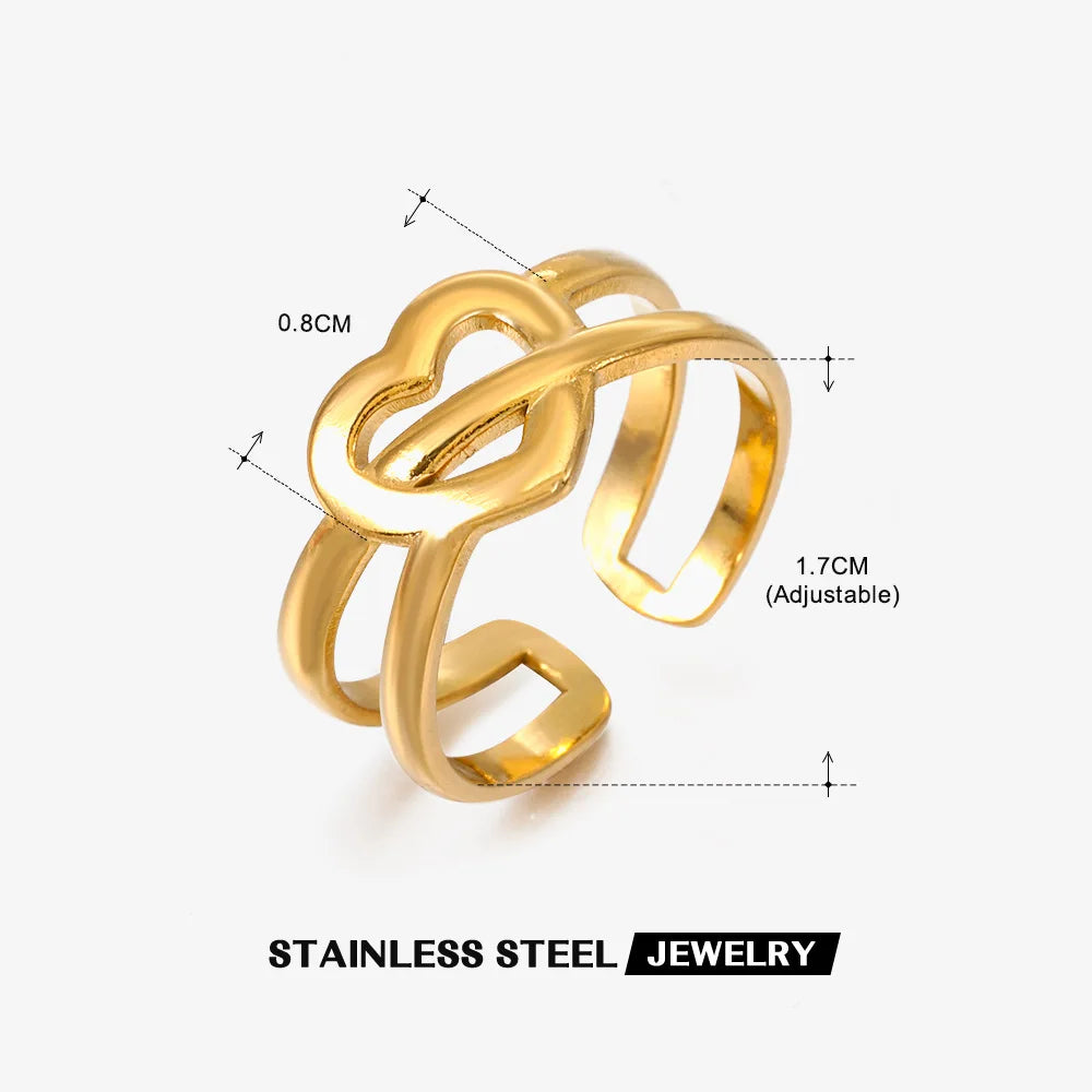 2023 New Gold Color Stainless Steel Finger Ring Minimalist Metal Heart Love Opening Ring for Women Girls Party Jewelry Gift
