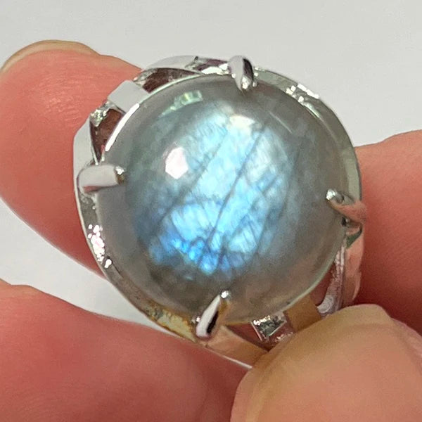 Ring Natural Stone Round Bead Blue Labradorite Adjustable Finger