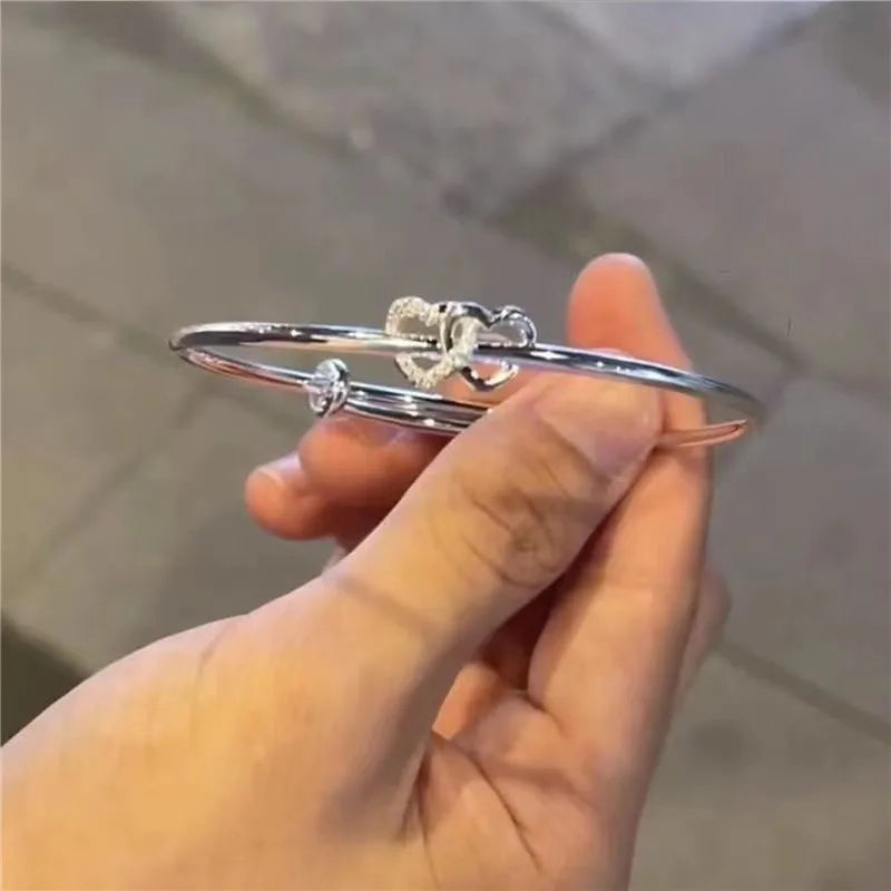 Fashion Silver Color Hollow Double Heart Bangle Women Shining Zircon Charm Bracelet Adjustable Minimalist Style Jewelry Gifts