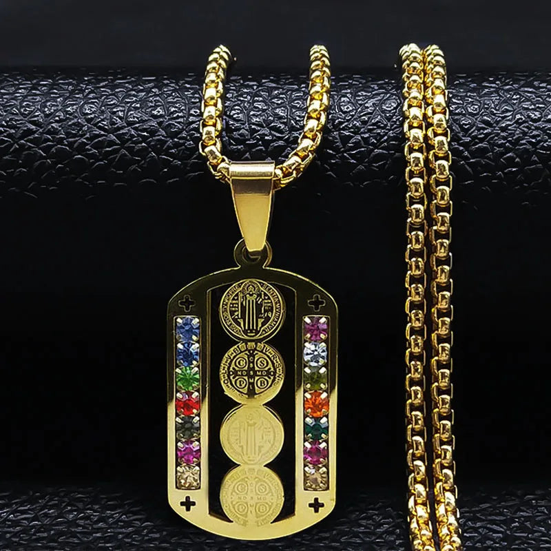 Catholic Jesus Cross Stainless Steel Necklace Saint Benedict Crystal Virgin Mary Pendant Crucifix Male Necklaces Jewelry cruz