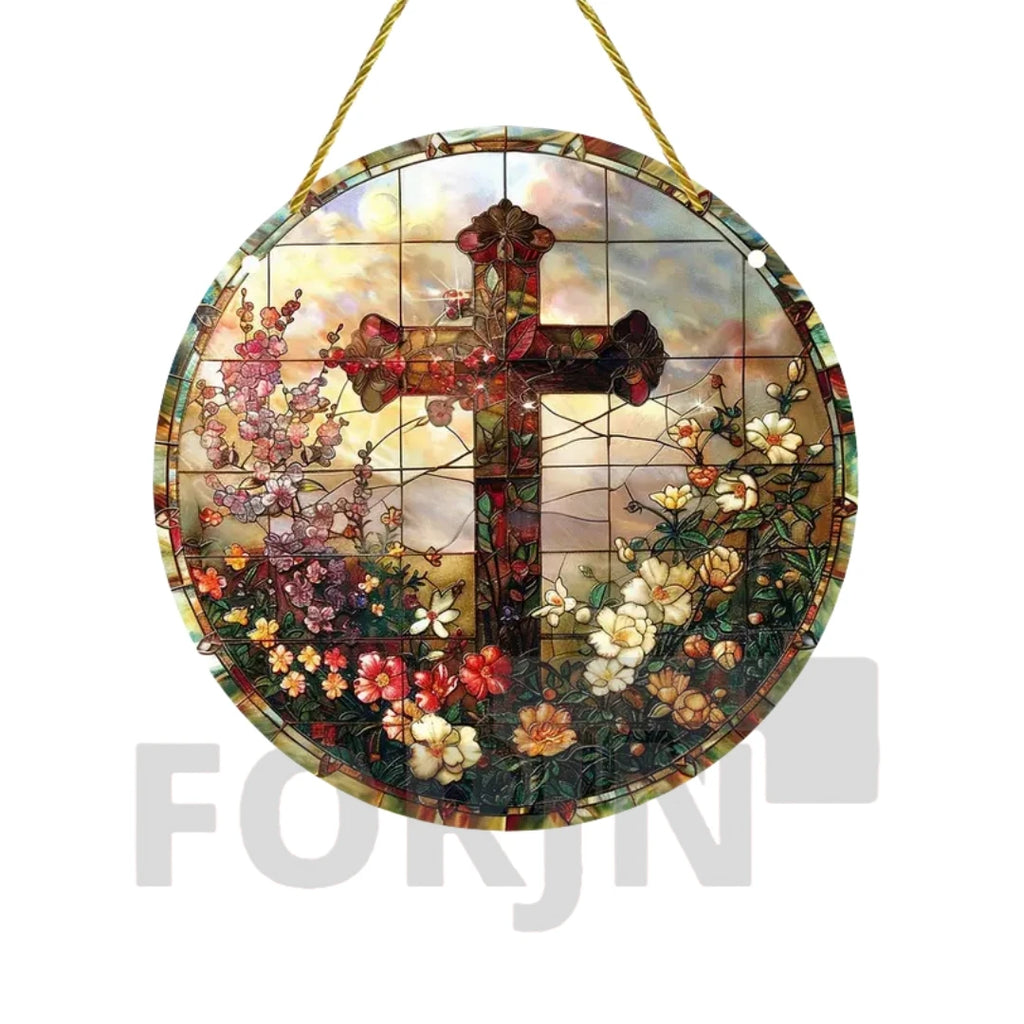 Cross Sun Catcher Acrylic Round Sign,Faux 3D Christianity Religious Pendant Plate,Home,Garden,Room,church,Holy Week&Easter Decor