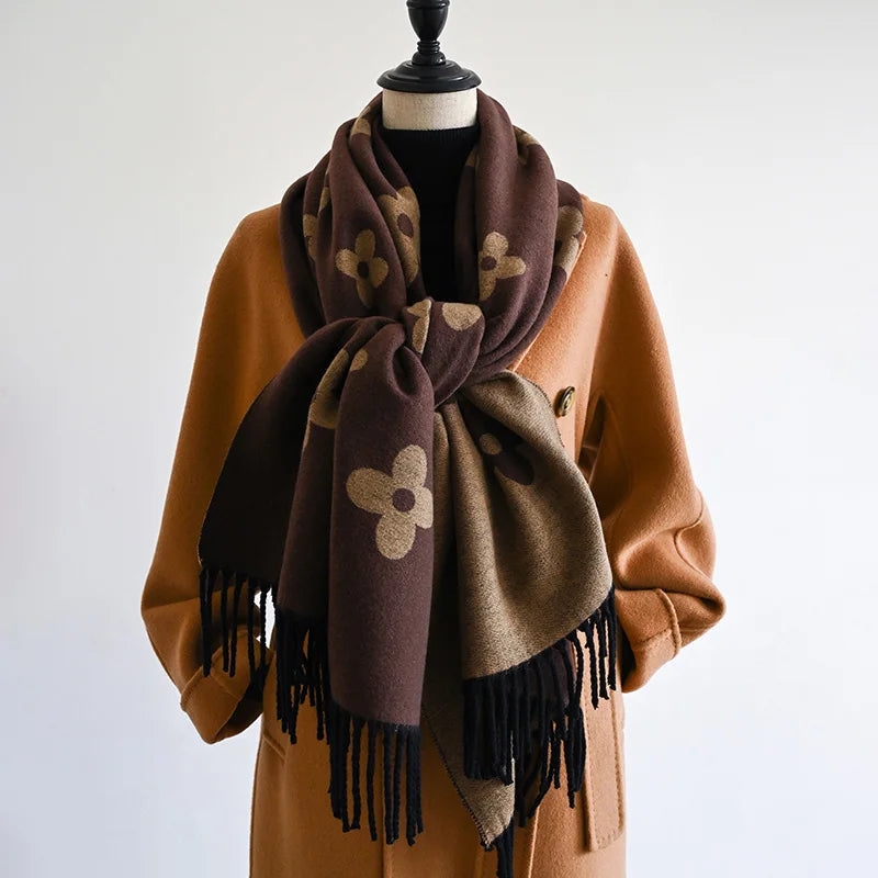 Brand Long tassel flower design luxury Bohemia Imitation Pashmina Thickened 2024 autumn and winter new scarf shawl