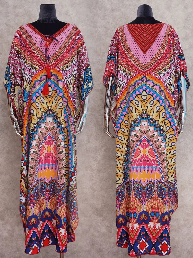 2025 Quick-drying Bohemian Printed Loose Summer Beach Dress Moroccan Kaftan Women Plus Size Beachwear Tassel Midi Dress Q897