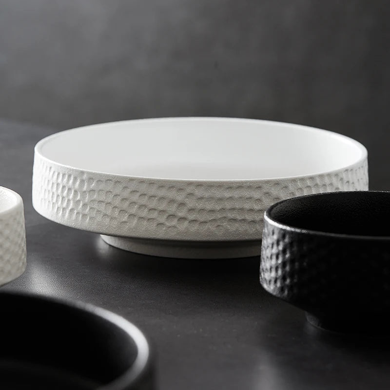 Anti-scratch Ceramic Salad Deep Plate Retro Rice Bowl Hammer Pattern Shallow Mouth Pasta Plate Western Restaurant Tableware