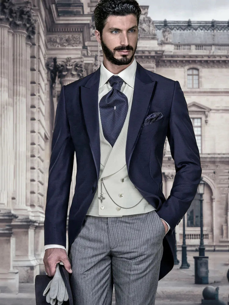 Men Suit Navy Blue 3 Pieces Double Button Business Casual For Wedding Birthday Banquet Work Tuxedo Set Jacket Vest With Pants