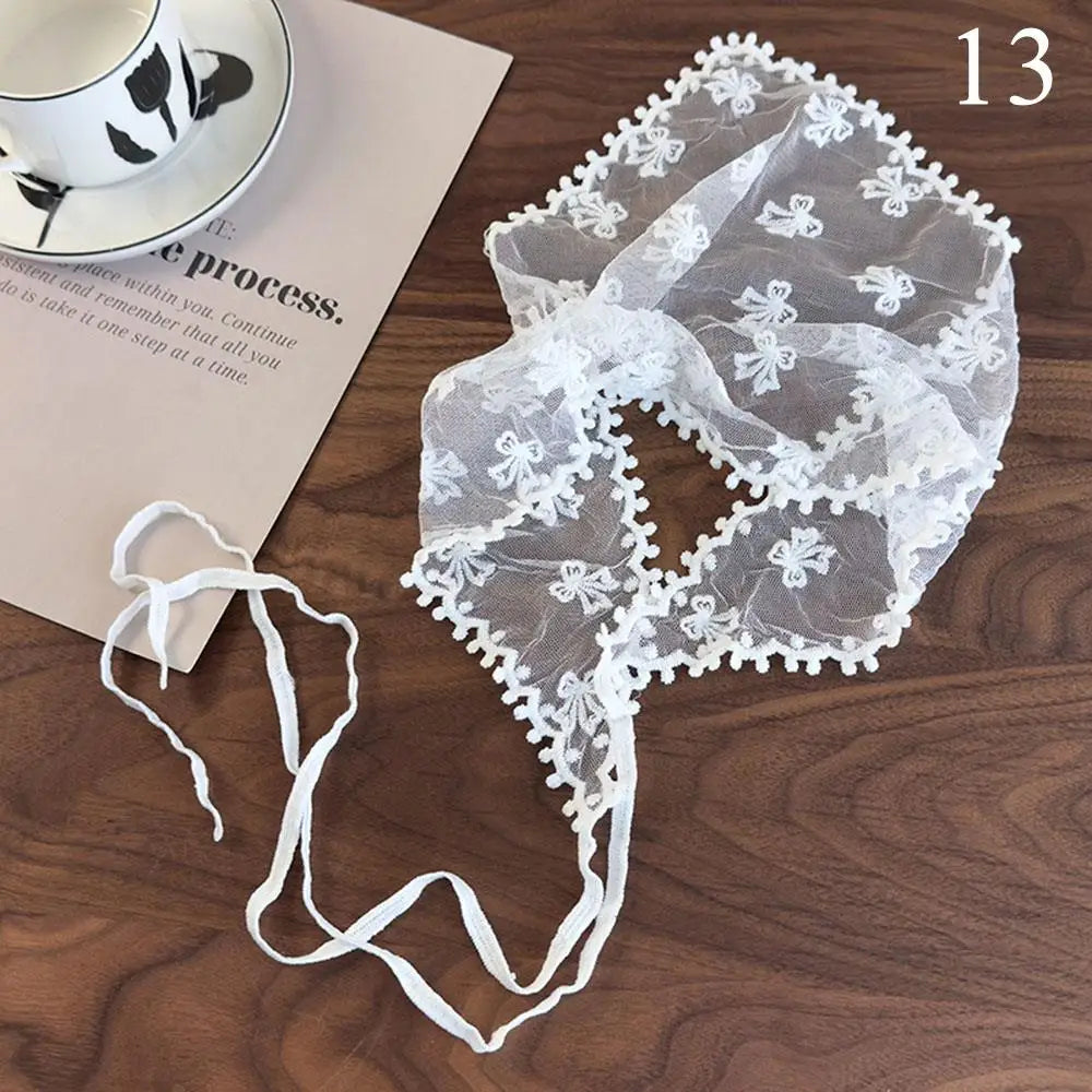 Elegant Lace Floral Hair Scarf Women Triangle Headscarf Korean Lace Up Neck Scarf Lace Flower Sunscreen Travel Photo Headband