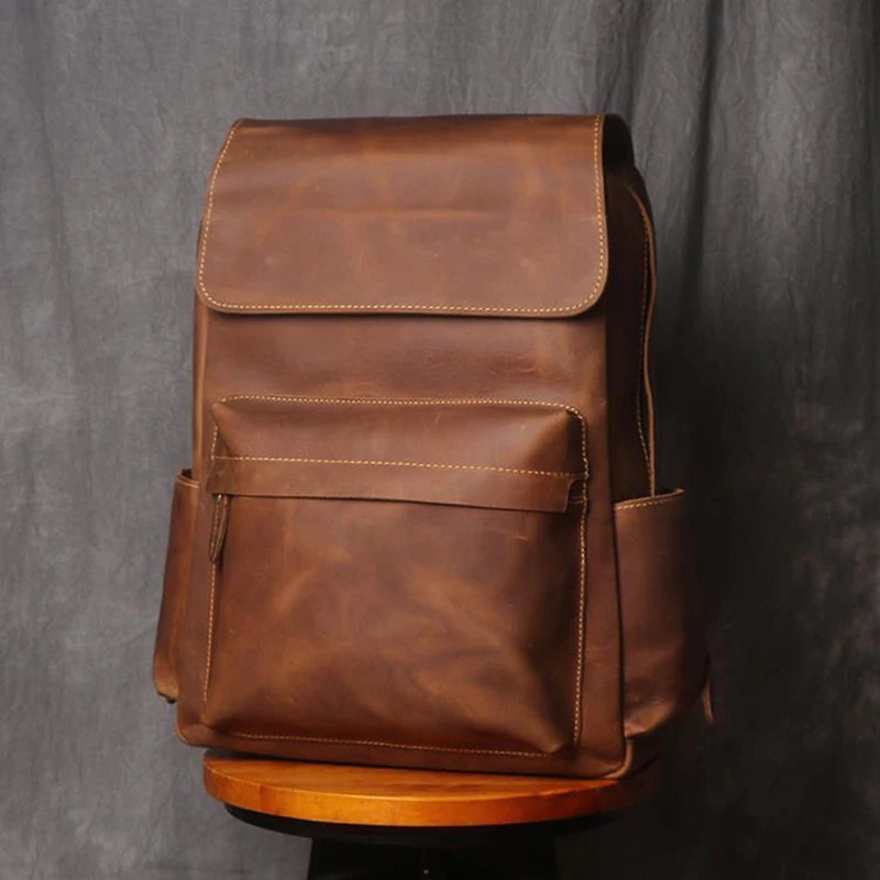 Vintage Leather Men's Backpack Large Capacity 15.6 Inch Laptop Bag Crazy Horse Leather Retro Travel College School Backpack