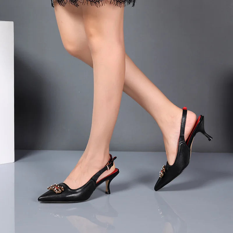 Pointed Toe Back Strap Metal Decoration Pumps Soft Leather Comfort Straight Strap Women Sandals Plain Color Stiletto Work Shoes